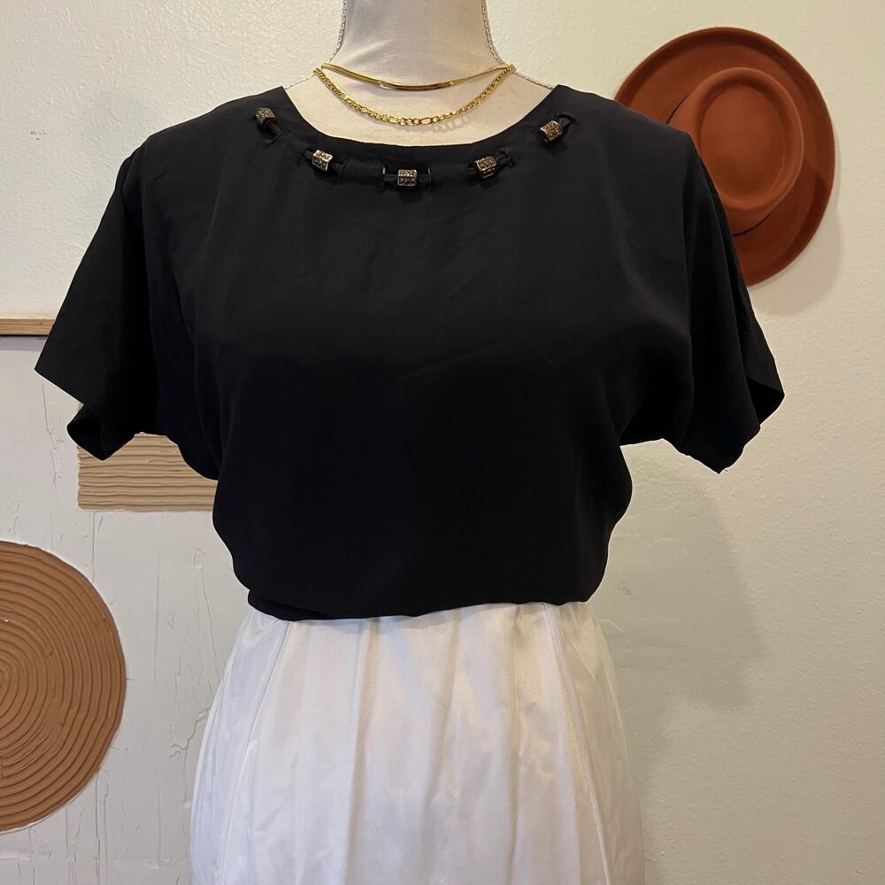 90s Tres Paquette Byer CA USA Made Black Silky Beaded Collar Short Sleeve Blouse